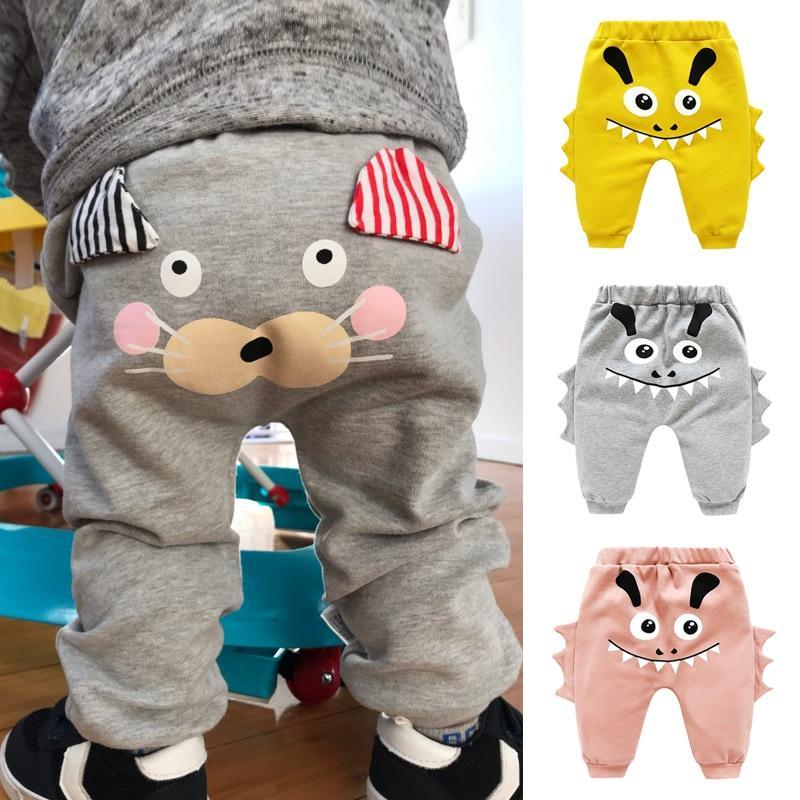 Stevvex kids cartoon print pants high waist with monster face gray yellow pink variants on Tampa Home & Garden Store