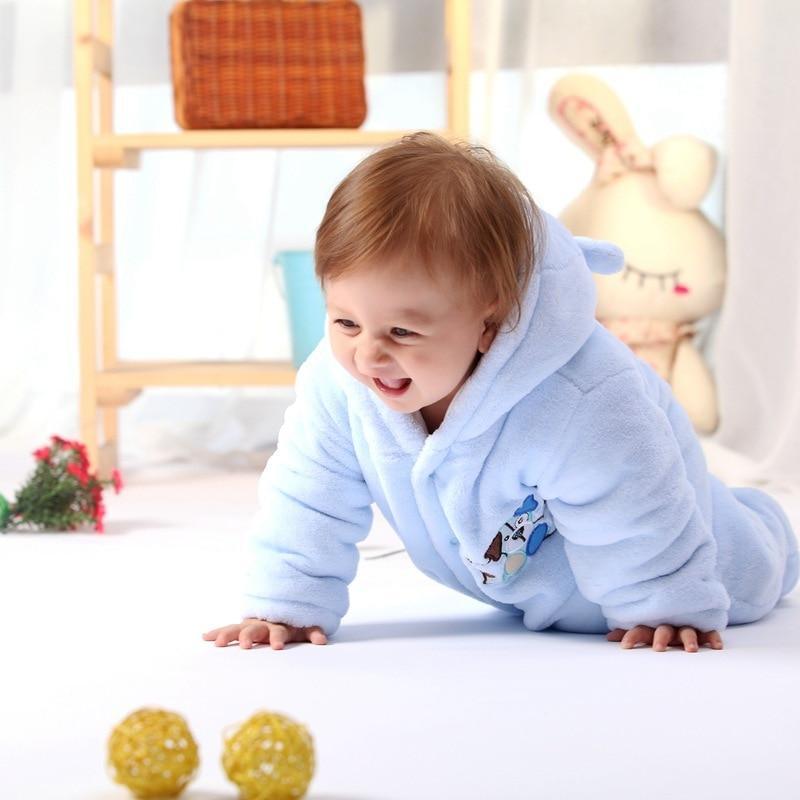 Modern Winter Baby Bear hooded romper in blue plush, Stevvex jumpsuit for boys and girls on Tampa Home & Garden Store