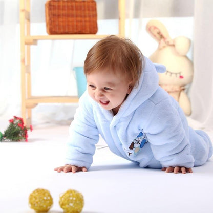 Modern Winter Baby Bear hooded romper in blue plush, Stevvex jumpsuit for boys and girls on Tampa Home & Garden Store
