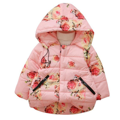 Pink floral hooded baby puffer jacket by Stevvex with zip pockets on Tampa Home & Garden Store
