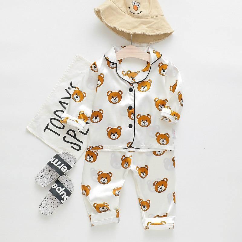 Stevvex kids satin pajama set white with orange bear print long-sleeve top and pants on Tampa Home & Garden Store