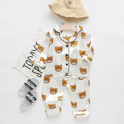 Stevvex kids satin pajama set white with orange bear print long-sleeve top and pants on Tampa Home & Garden Store