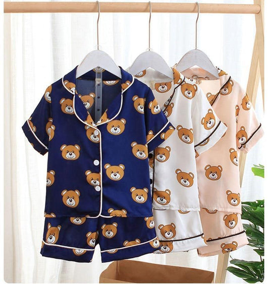 Stevvex kids' luxury modern satin teddy bear pajama sets navy blue white peach with shorts on Tampa Home & Garden Store