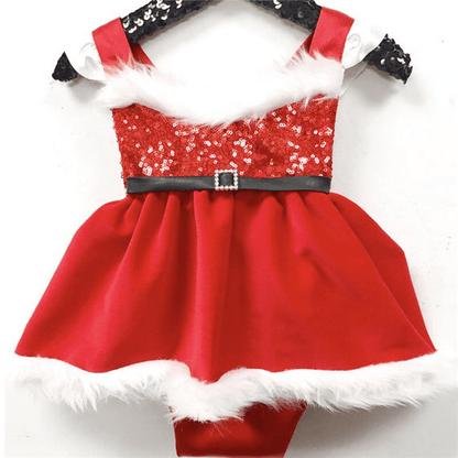 Baby Girls Christmas Romper Dress red sequin bodice, white fur trim, black belt on Tampa Home & Garden Store