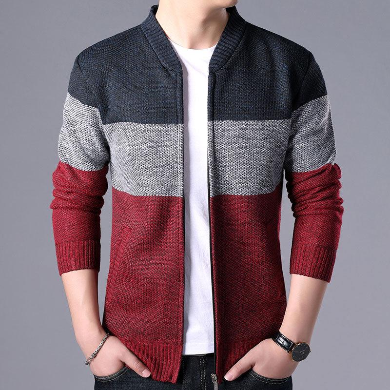 Stevvex color-block cardigan knit jacket navy gray burgundy zip front slim fit on Tampa Home & Garden Store