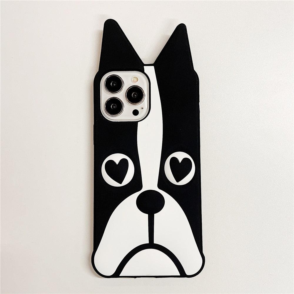 3D silicone dog phone case for iPhone 13 Pro Max by Stevvex, black and white cartoon puppy design on Tampa Home & Garden Store