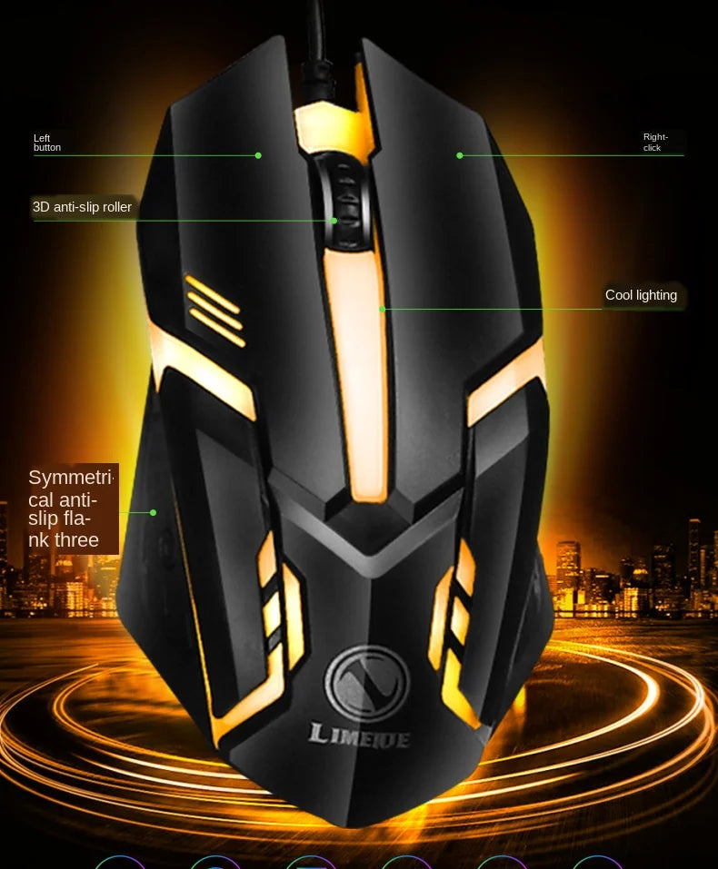 USB wired gaming mouse with rainbow LED backlight, black design, Limeide logo on Tampa Home & Garden Store
