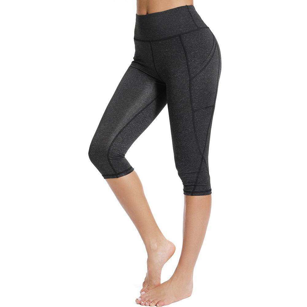 Stevvex cropped yoga leggings, charcoal black, high-waisted capri length with seam panels on Tampa Home & Garden Store