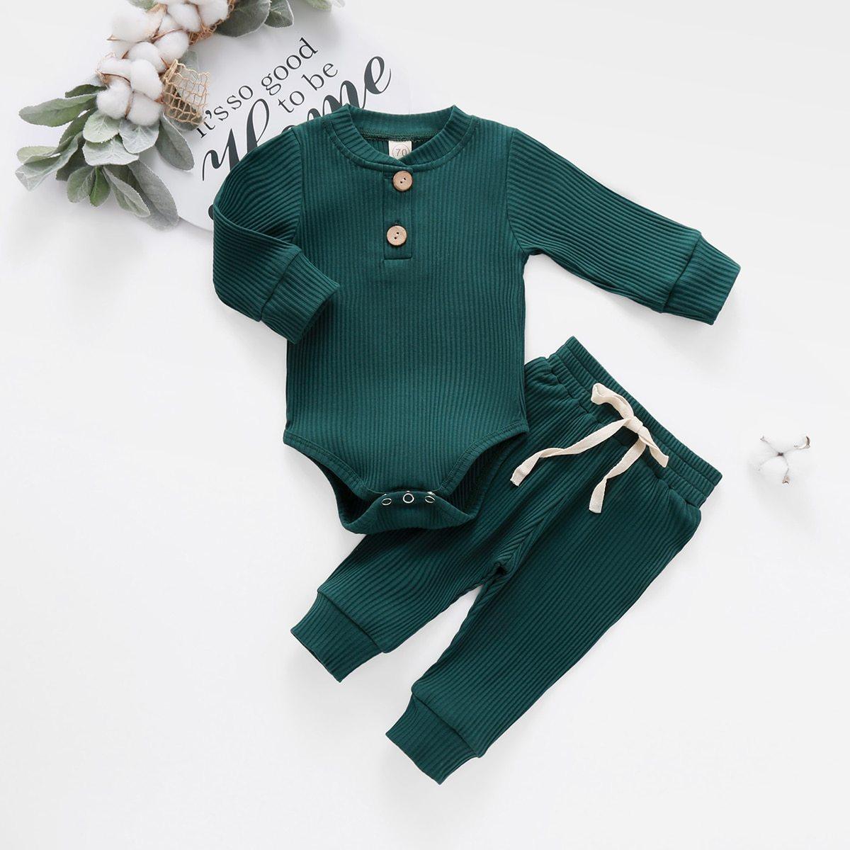 Infant green ribbed long-sleeve bodysuit with two wooden buttons and matching elastic pants 2pc set on Tampa Home & Garden Store