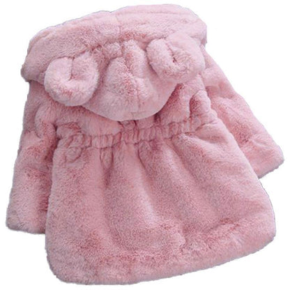 Pink plush baby girl fur coat with hood, fluffy fleece outerwear for winter warmth on Tampa Home & Garden Store
