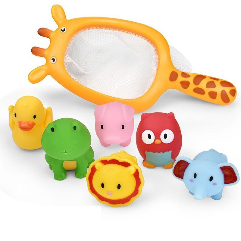 Baby Bath Toy Set by Stevvex with giraffe-themed bubble maker and 6 colorful animal figures on Tampa Home & Garden Store
