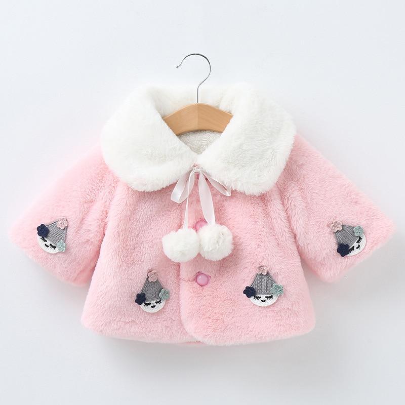 Stevvex pink fuzzy baby coat with white faux fur collar, pom pom ties, cat appliques on Tampa Home & Garden Store