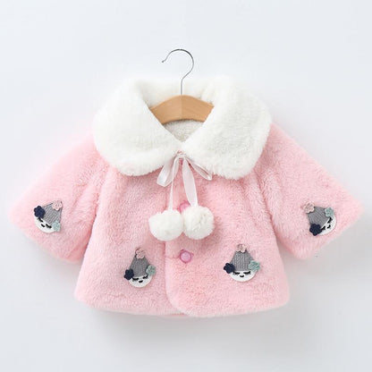 Stevvex pink fuzzy baby coat with white faux fur collar, pom pom ties, cat appliques on Tampa Home & Garden Store