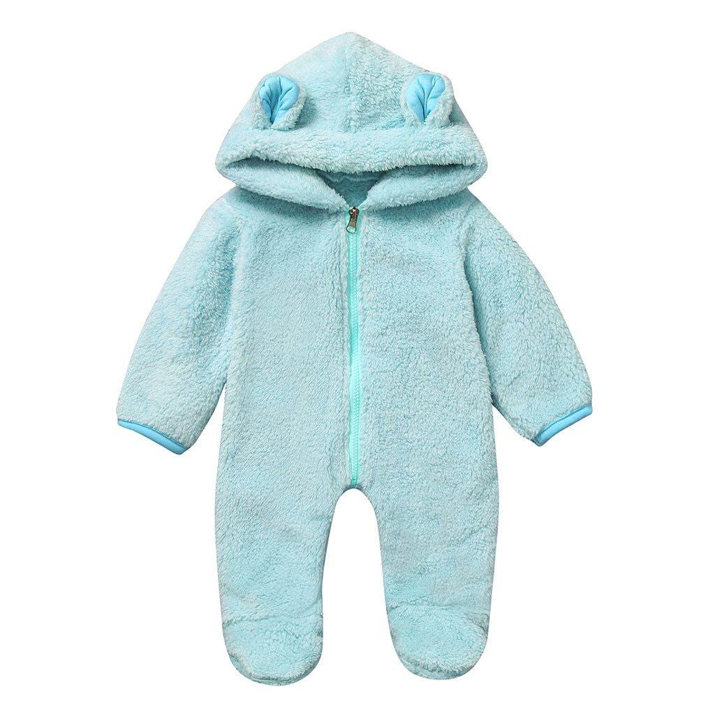 Baby fleece hooded romper by Stevvex with full zip, light blue, footed design with ear hood on Tampa Home & Garden Store