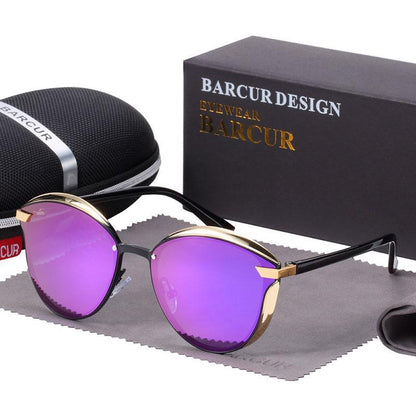 Sunglasses Stevvex round rimless purple mirrored lenses with gold trim Barcur box on Tampa Home & Garden Store