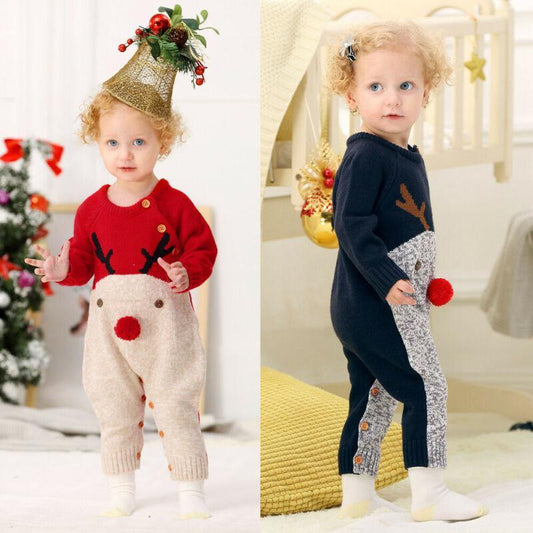 Stevvex baby Christmas knitted reindeer romper jumpsuit in red-beige and navy-silver for 0-2Y on Tampa Home & Garden Store