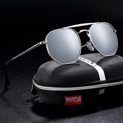 Stevvex square sunglasses with silver metal frame and mirrored lenses on BARCUR case on Tampa Home & Garden Store