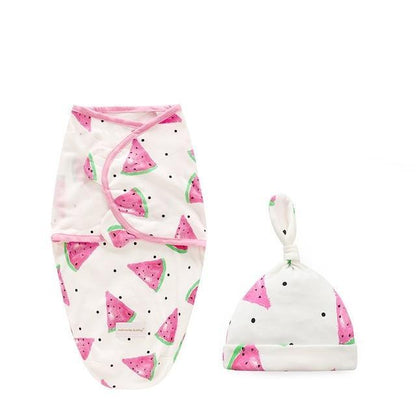 Stevvex newborn swaddle wrap and hat set in white with pink watermelon print, two-piece baby ensemble on Tampa Home & Garden Store