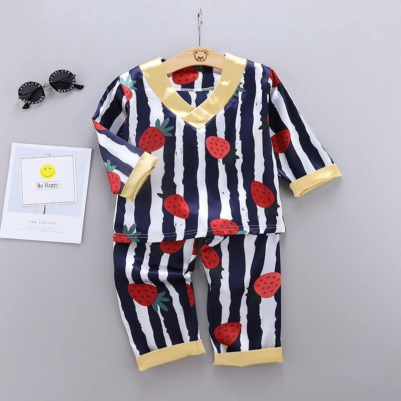 Children's navy white striped pajama set with strawberry print and gold satin collar on Tampa Home & Garden Store