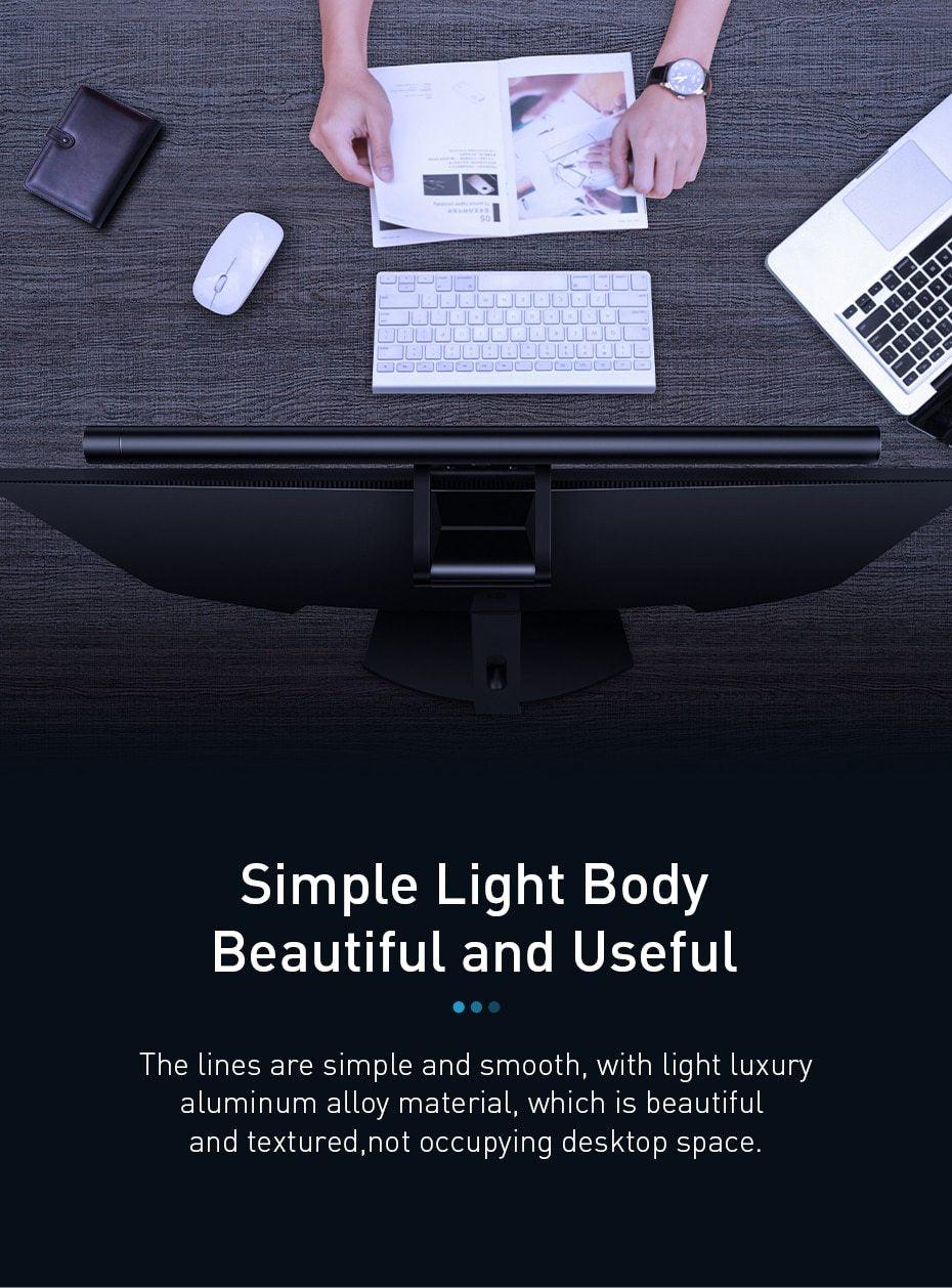 Stevvex Screenbar LED desk lamp black over monitor with keyboard and laptop on dark desk on Tampa Home & Garden Store