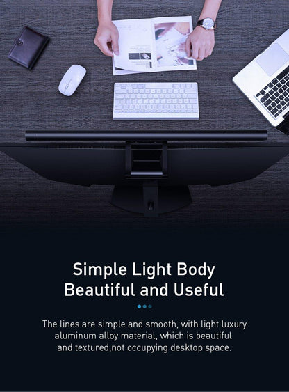 Stevvex Screenbar LED desk lamp black over monitor with keyboard and laptop on dark desk on Tampa Home & Garden Store