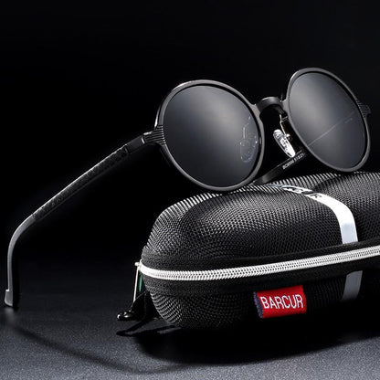 Stevvex round luxury polarized sunglasses with metal frame UV400, shown with Barcour case on Tampa Home & Garden Store
