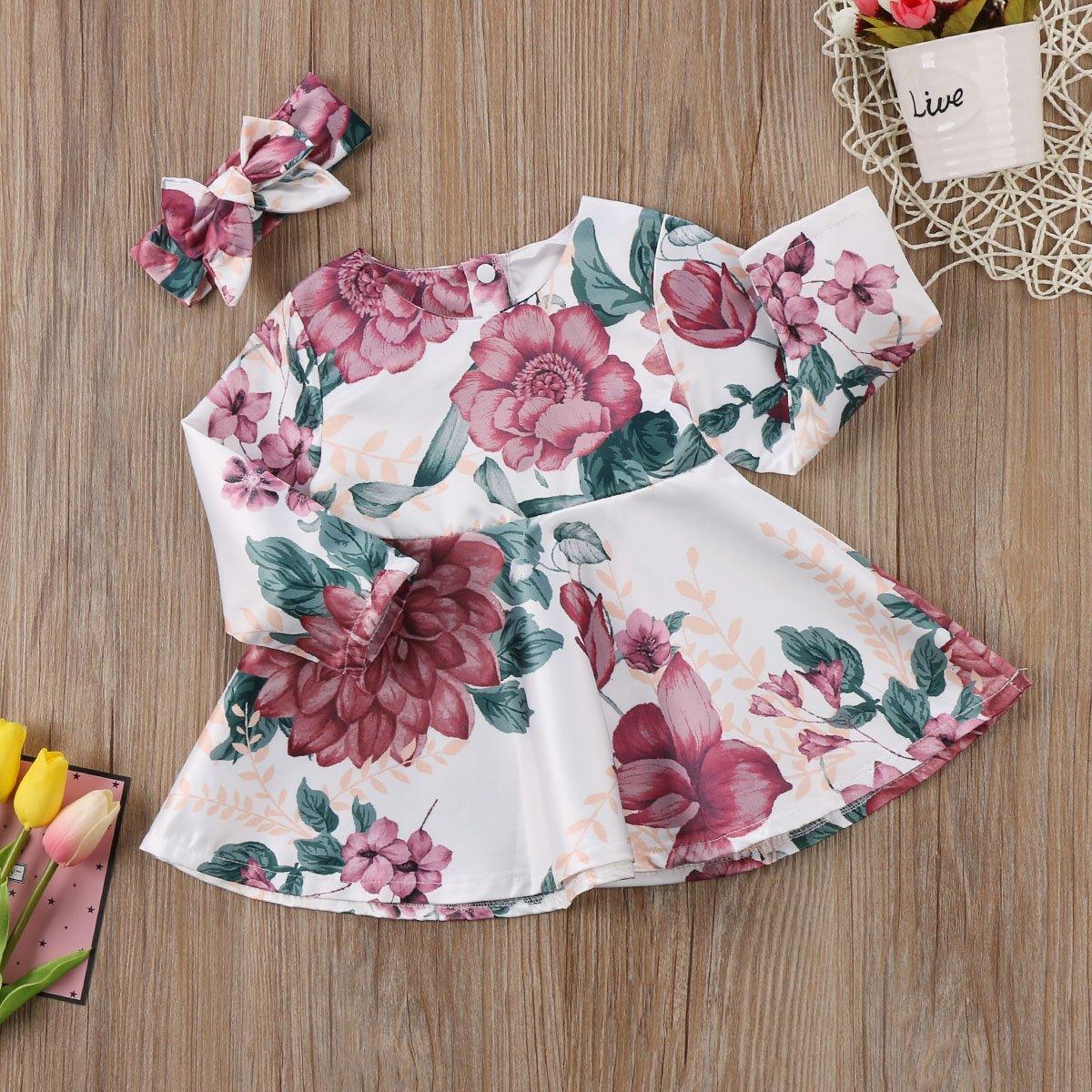 Newborn baby girls floral long-sleeve dress with matching headband, pink maroon blooms on white on Tampa Home & Garden Store