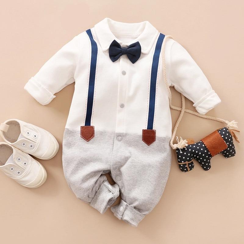 Stevvex baby boy romper with navy suspenders, white top and gray pants, bow tie, Tampa Store on Tampa Home & Garden Store