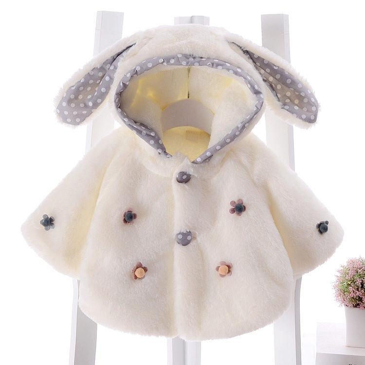 Stevvex baby faux fur coat with bunny-ear hood, cream with polka-dot lining and floral buttons on Tampa Home & Garden Store