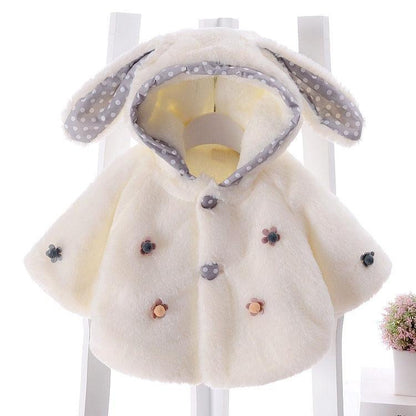 Stevvex baby faux fur coat with bunny-ear hood, cream with polka-dot lining and floral buttons on Tampa Home & Garden Store