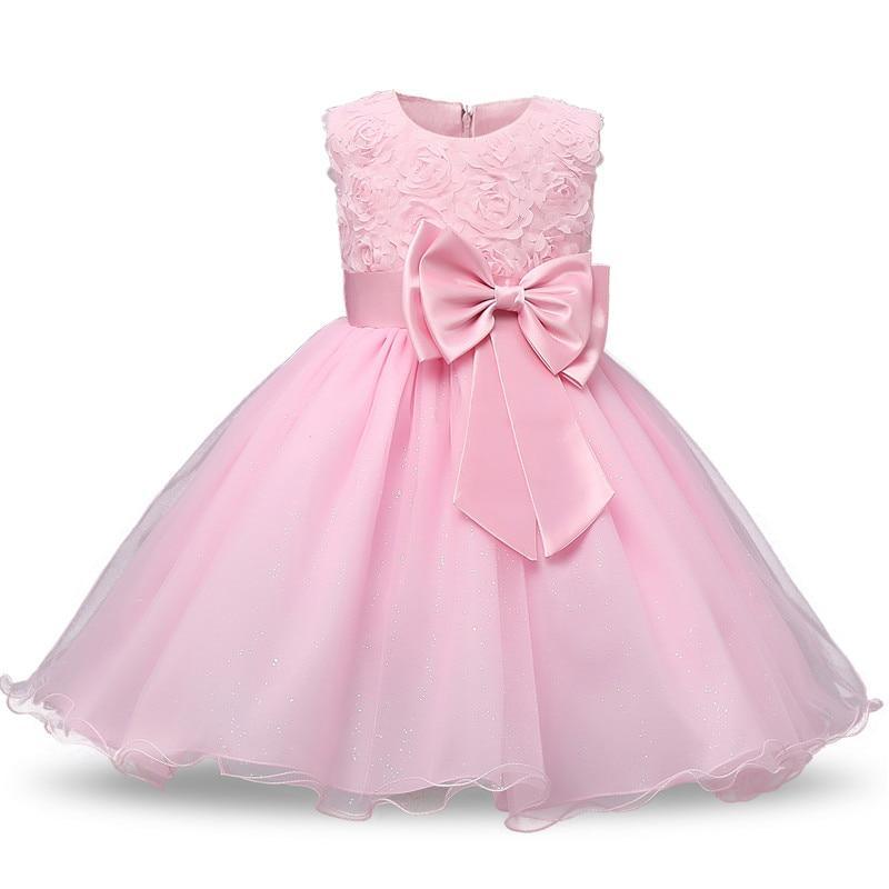 Stevvex pink girls dress with 3D rose lace bodice, satin bow at waist, tulle skirt on Tampa Home & Garden Store