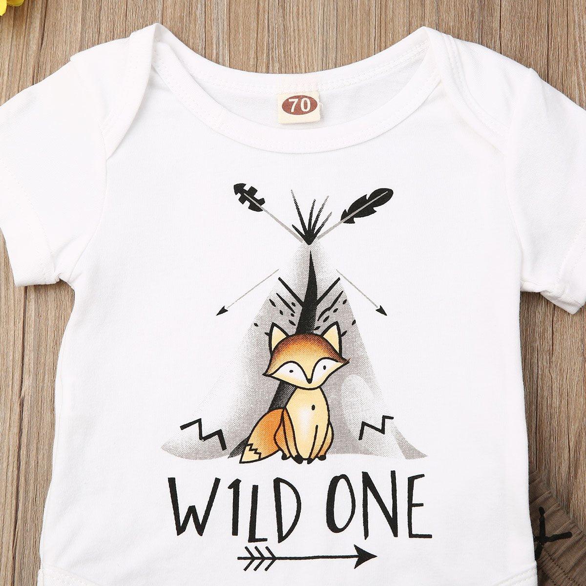 Stevvex white newborn romper with cartoon fox, mountains and arrows, WILD ONE print on Tampa Home & Garden Store