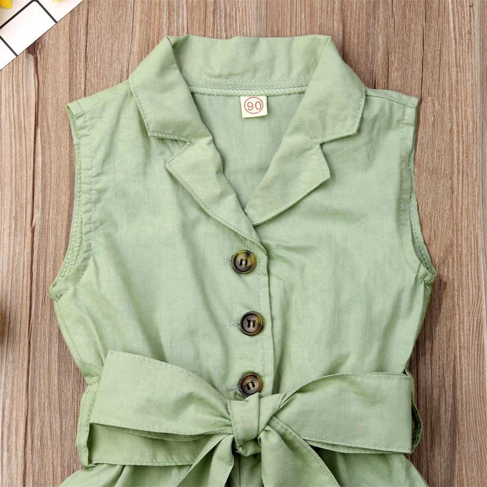 Stevvex green kids romper with waist belt, sleeveless vest style, button-front on Tampa Home & Garden Store