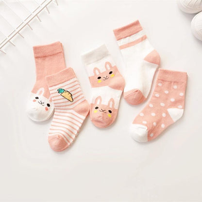 5-pair Stevvex baby soft cotton socks set with pink and white cartoon patterns for kids on Tampa Home & Garden Store