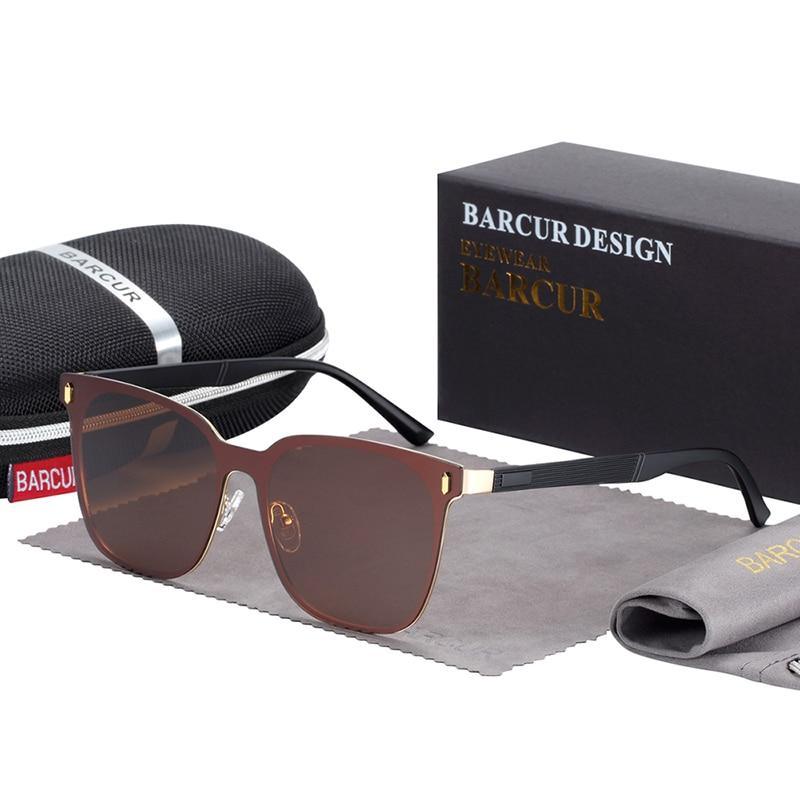 Stevvex polarized square sunglasses with brown lenses and black temples with Barcur box and case on Tampa Home & Garden Store