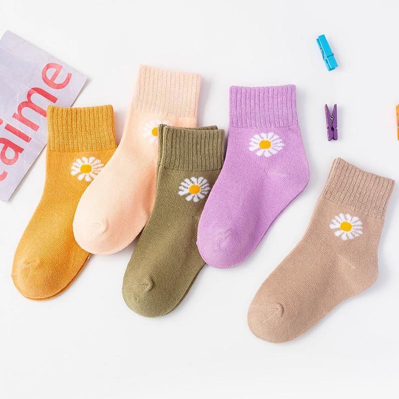 5 pairs baby socks orange peach olive lavender beige with white daisy prints cotton kids on Tampa Home & Garden Store