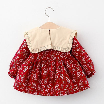 Modern Retro Girl Dress red floral cotton dress with cream frilled collar and puff sleeves on Tampa Home & Garden Store