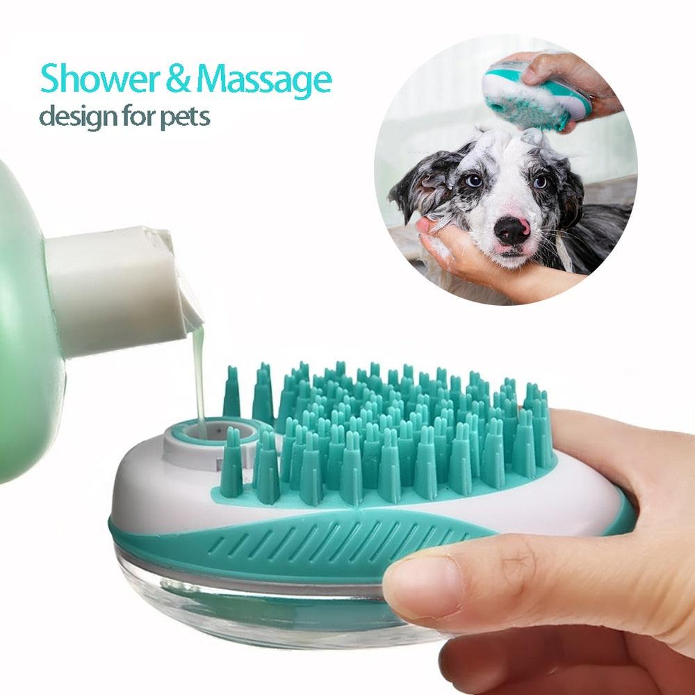 Stevvex pet bath brush 2-in-1 silicone massage tool with shampoo dispenser, teal bristles on Tampa Home & Garden Store