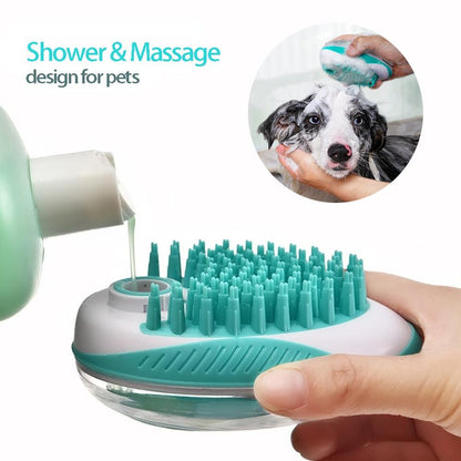 Stevvex pet bath brush 2-in-1 silicone massage tool with shampoo dispenser, teal bristles on Tampa Home & Garden Store