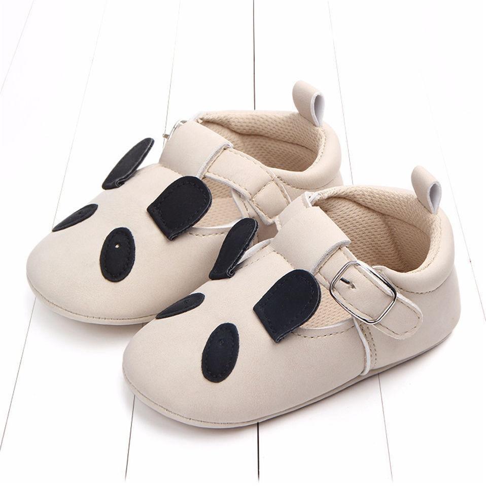 Beige Stevvex baby shoes with panda patches, unisex first walker Velcro strap pair on Tampa Home & Garden Store