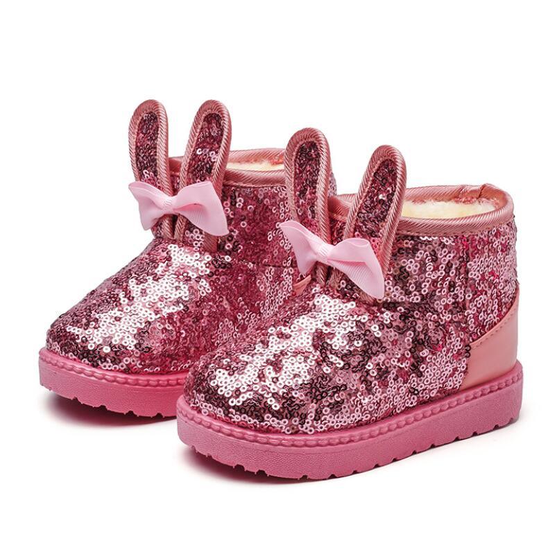 Kids pink sequined snow boots with bunny ear pulls, fluffy lining, non-slip sole on Tampa Home & Garden Store