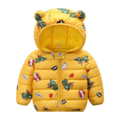 Stevvex infant hooded yellow puffer jacket with dinosaur print for babies on Tampa Home & Garden Store