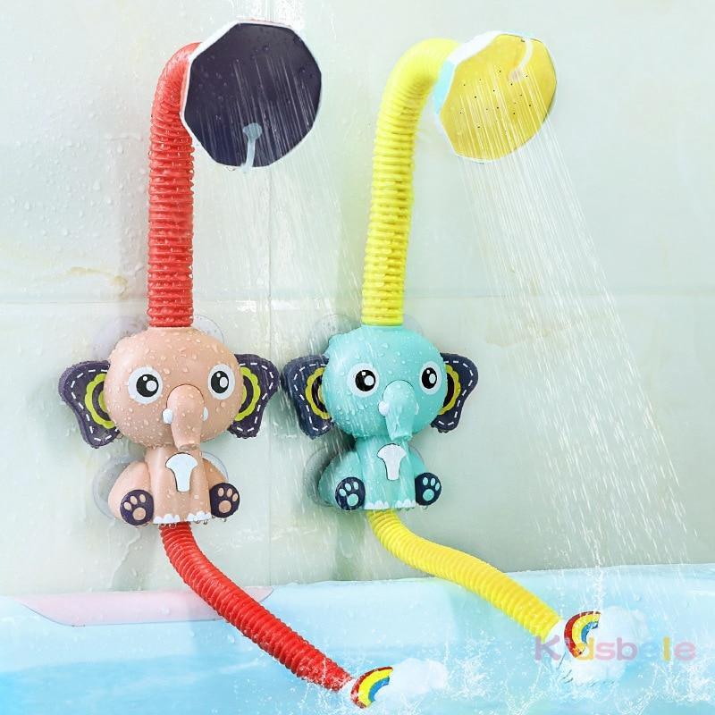 Stevvex elephant bath toy set, pink and turquoise with flexible hoses and spray trunks on Tampa Home & Garden Store