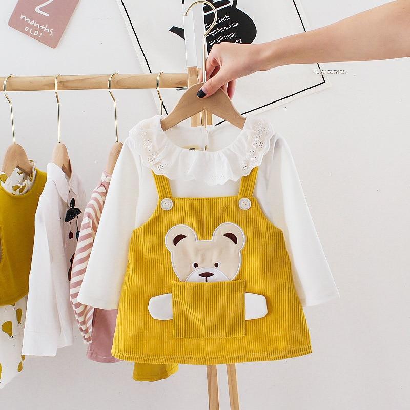 Stevvex yellow corduroy bear-pocket pinafore dress with white long-sleeve shirt for girls on Tampa Home & Garden Store