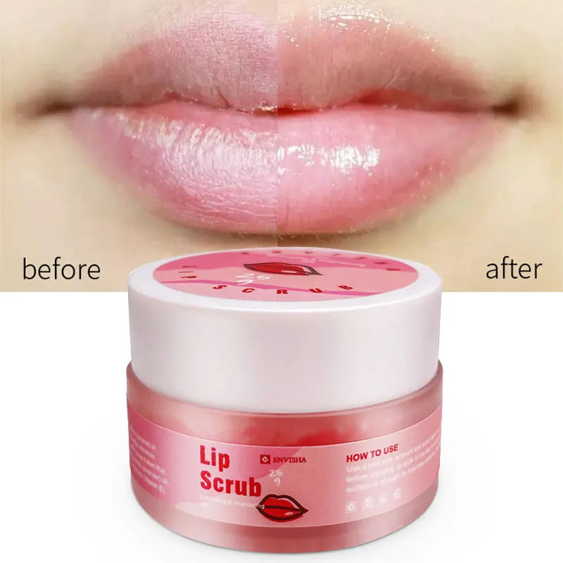 Lip Scrub Silcy Skin ENVISHA pink jar with white lid mint exfoliant before after lips image on Tampa Home & Garden Store