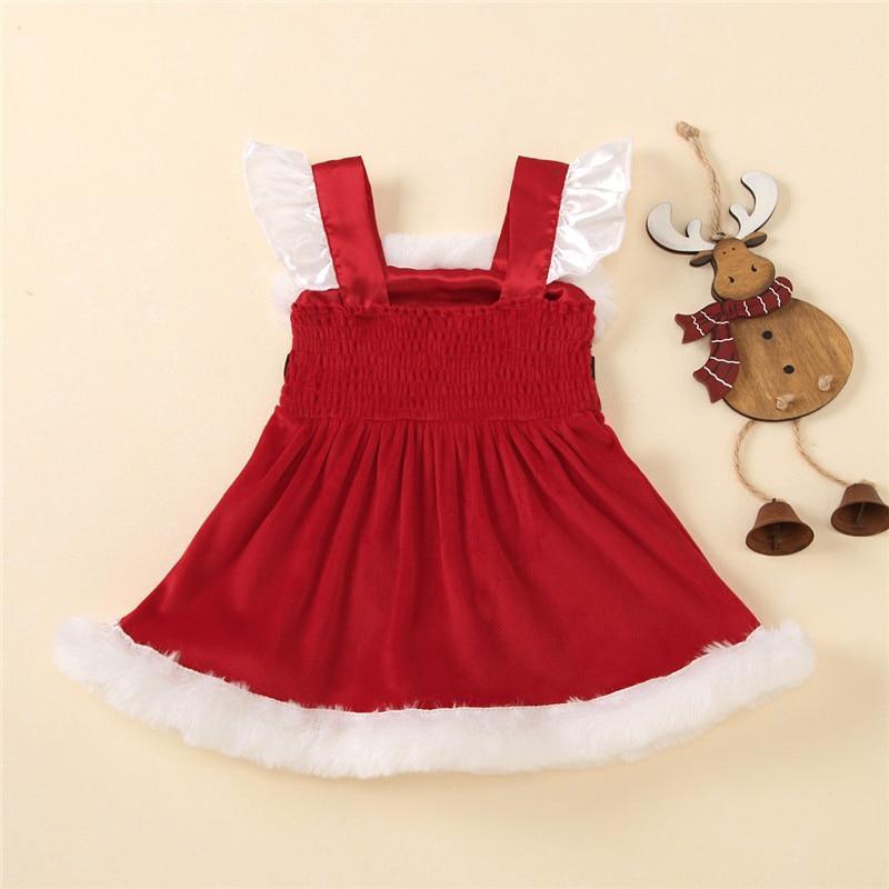 Stevvex baby girls Christmas romper dress, red with smocked bodice and white frill sleeves on Tampa Home & Garden Store