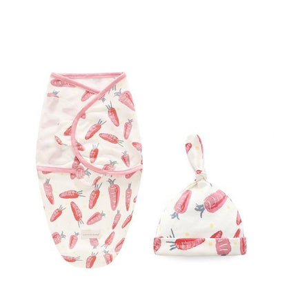 Stevvex newborn swaddle wrap and hat set, white fabric with pink carrot print, 2-piece on Tampa Home & Garden Store