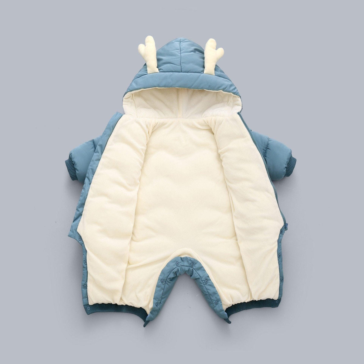 Stevvex baby hooded cotton snowsuit in blue with cream interior and antler hood accents on Tampa Home & Garden Store