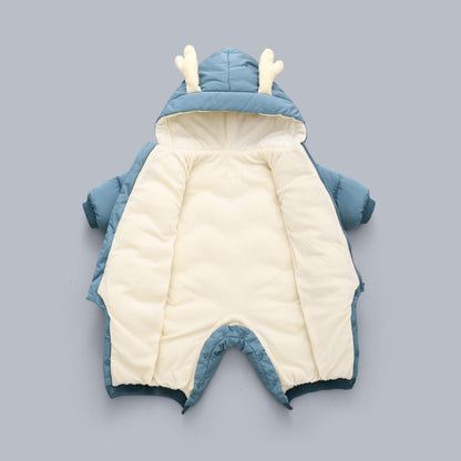 Stevvex baby hooded cotton snowsuit in blue with cream interior and antler hood accents on Tampa Home & Garden Store