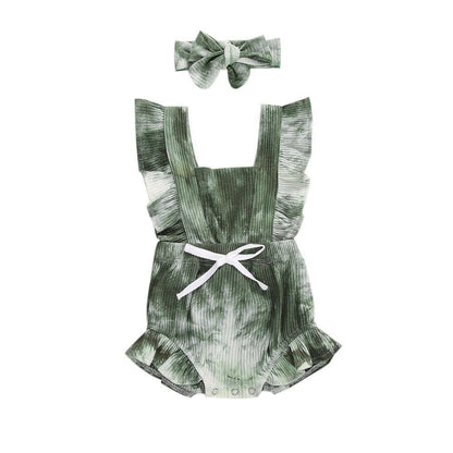 Stevvex green tie-dye romper set with ruffled straps, white waist tie, matching headband on Tampa Home & Garden Store
